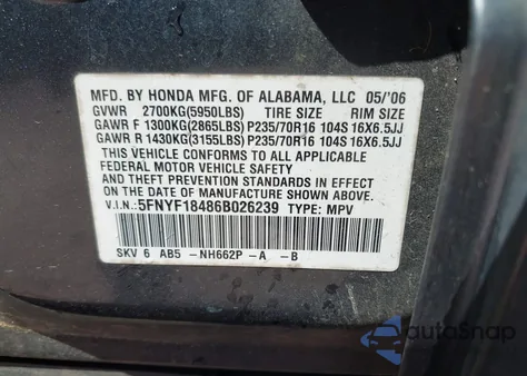 2006 Honda Pilot Ex z USA, uszkodzony, nr VIN 5FNYF18486B026239